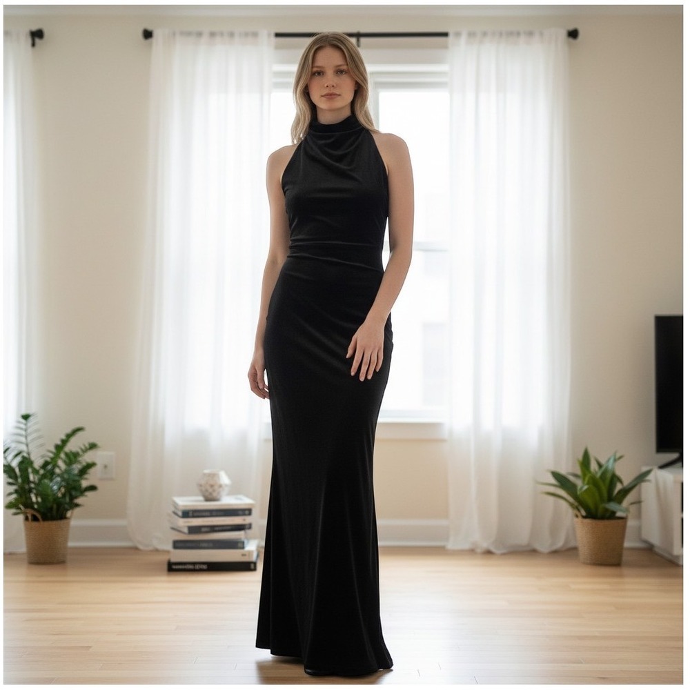 Windsor Velvet Maxi Dress Women Black Halter Cowl Neck Tie Back Gown Formal